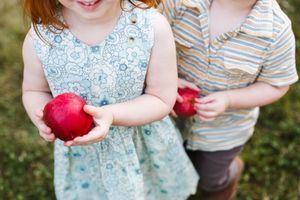 Close-up of hands holding bright red apples against a floral dress in an orchard.