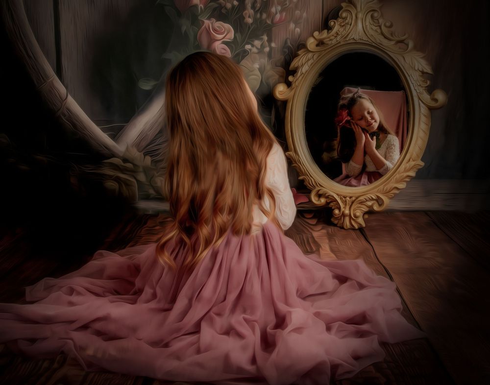 A person in a flowing pink dress sits on a dark wooden floor in a vintage-styled room with ornate gold mirrors.