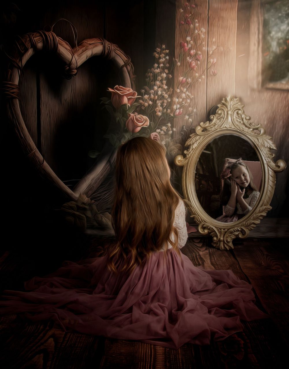 A figure in a burgundy dress sits in a dimly lit vintage room with an ornate mirror and delicate floral decorations.