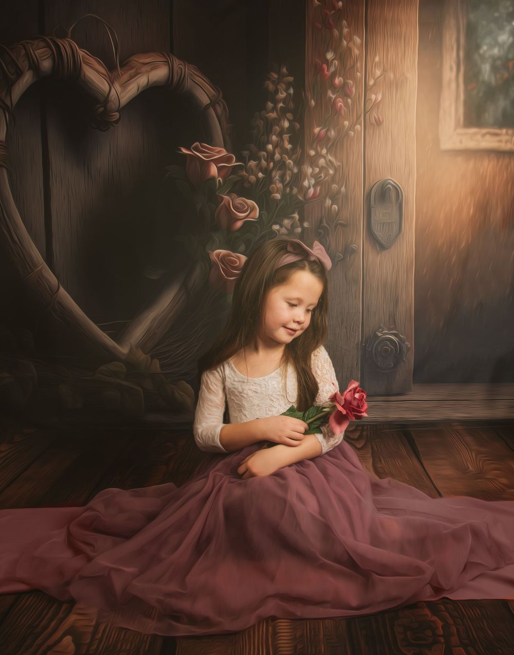 Dreamy portrait with rustic heart decor and someone in a flowing mauve dress holding pink flowers.