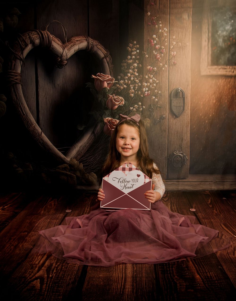 A rustic Valentine's themed portrait with a wooden heart backdrop and a letter envelope prop on hardwood floors.