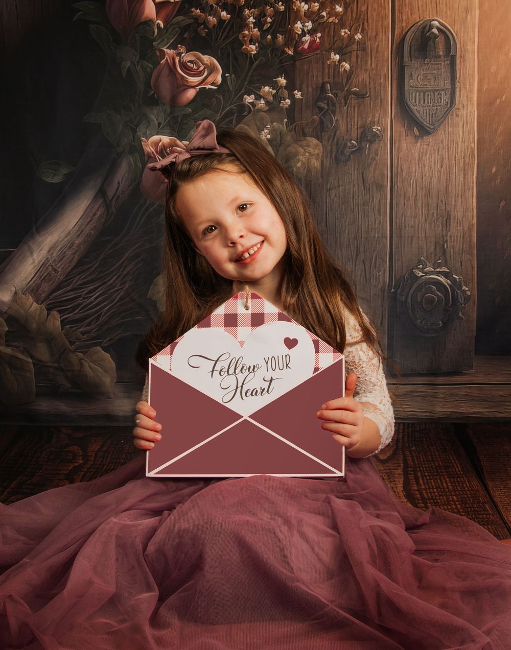 A romantic Valentine's themed photo series showing a burgundy dress and envelope with rose petals on wooden backdrop.
