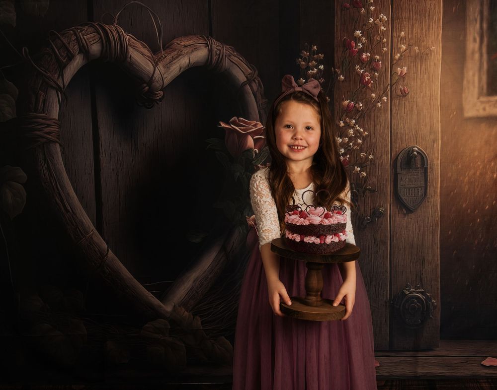 A festive Valentine's portrait featuring a heart-shaped wreath and rustic wooden door background.
