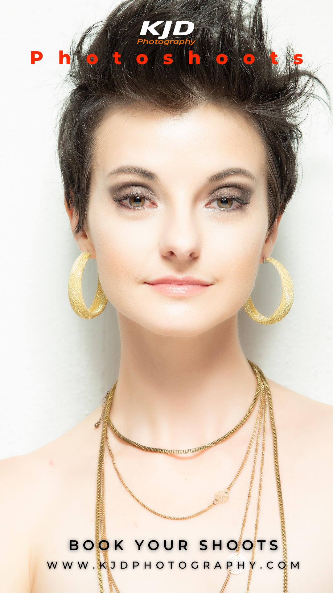 Four artistic headshot portraits in sequence showing different poses against a white background with gold jewelry accents.