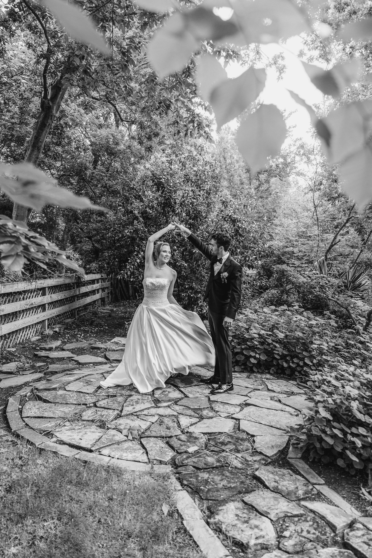 A romantic couple shares tender moments in a series of outdoor wedding photos with golden sunlight.