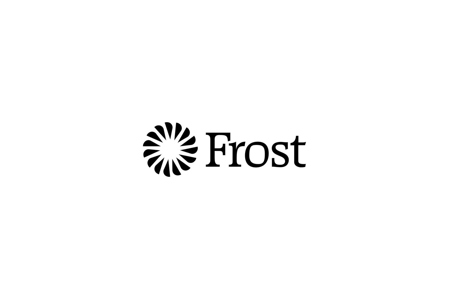 Black and white Frost company logo design with a stylized sunburst icon.