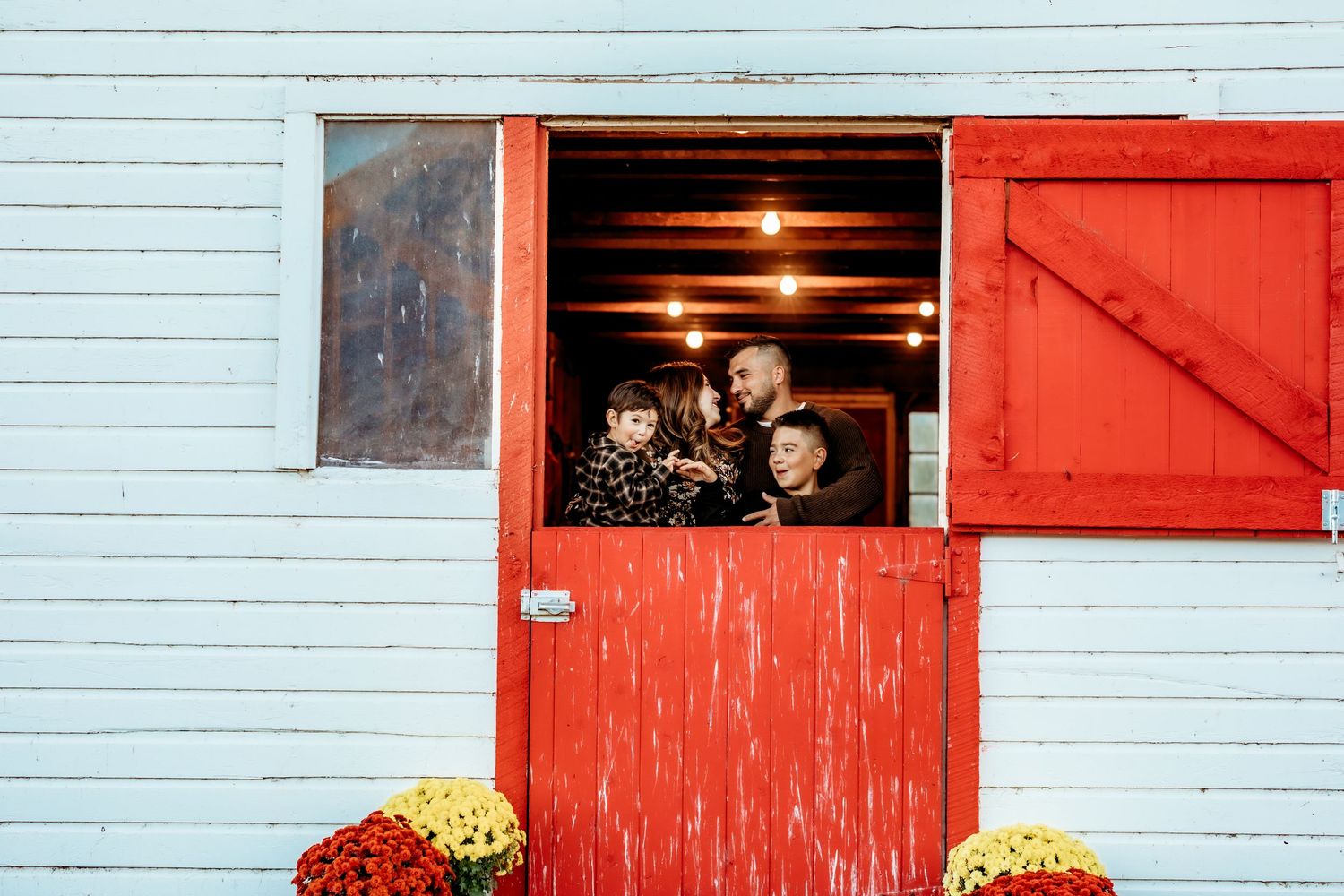 A rustic barn exterior features bright red doors and yellow flowers decorating the entrance in warm sunlight.