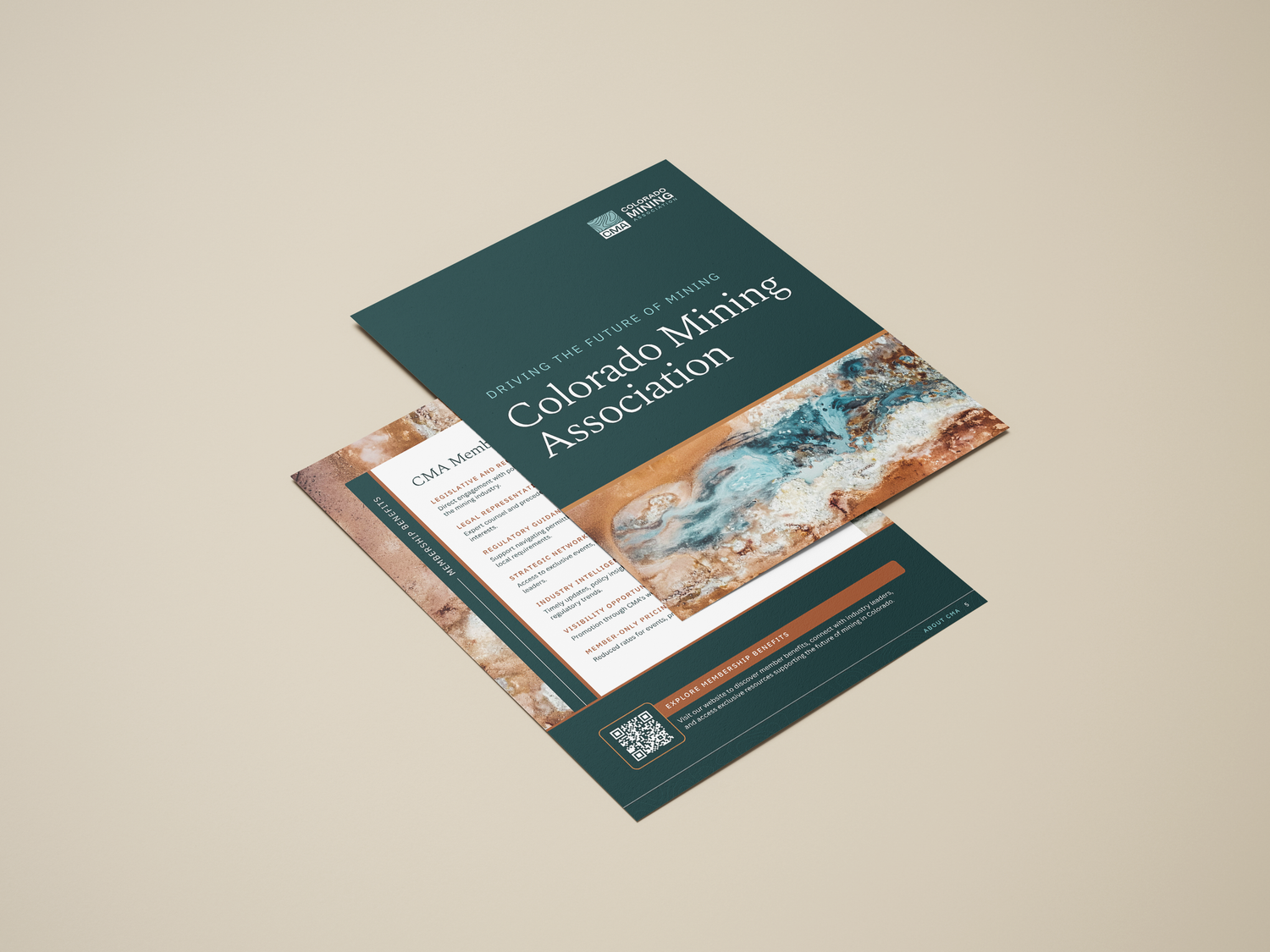 Stationery mockup displaying business cards and letterhead with teal and copper branding elements.