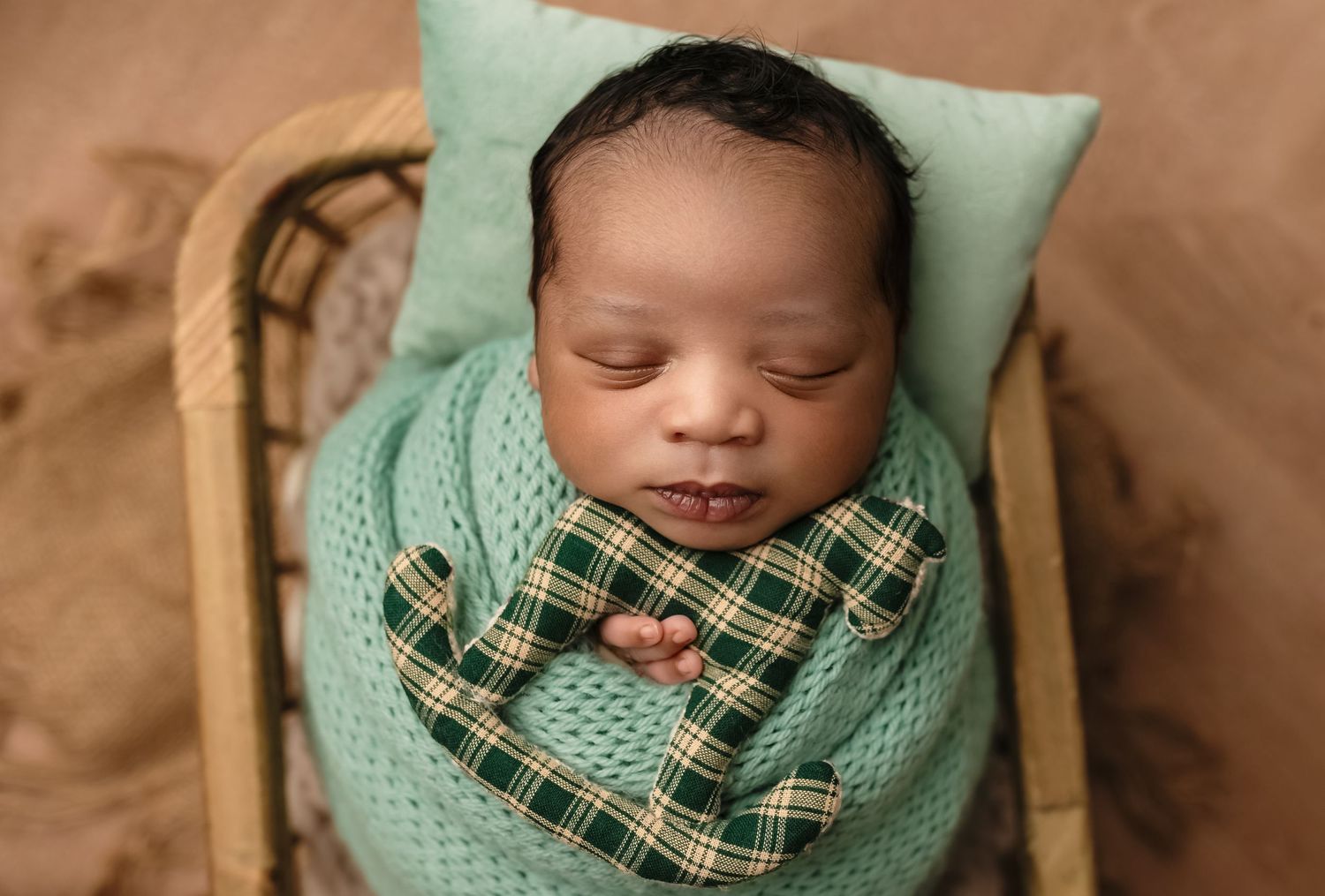 Baby boys sleeps, wrapped in aqua and holding a plush horse, captured by Charlottesville newborn, maternity, and family photographer.