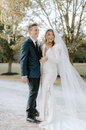 Series of romantic wedding photos showing a couple in formal attire posing together outdoors on a sunny day.