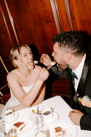 A sequence of candid moments between a couple laughing and sharing dessert at an elegant dinner table.