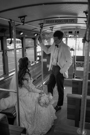 A series of black and white photos showing people riding inside a vintage bus or streetcar in formal attire.