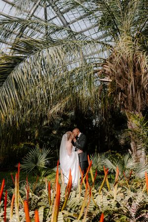 Bride and groom embracing among tropical plants and vibrant red flowers inside a lush botanical garden greenhouse.