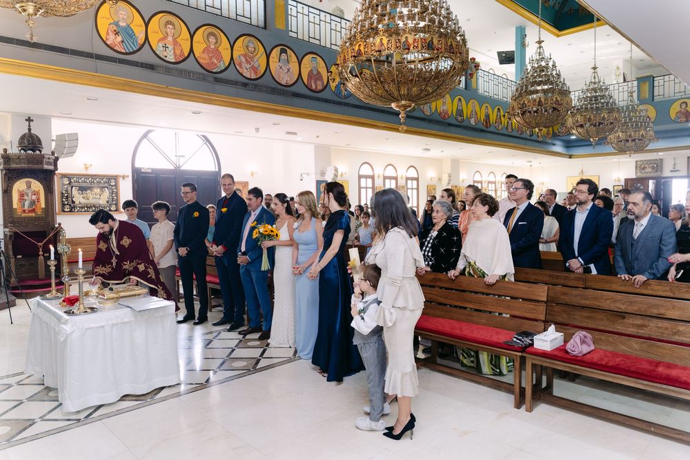 A collage of wedding ceremony photos showing church interiors, decorations, and guests gathered for the celebration.