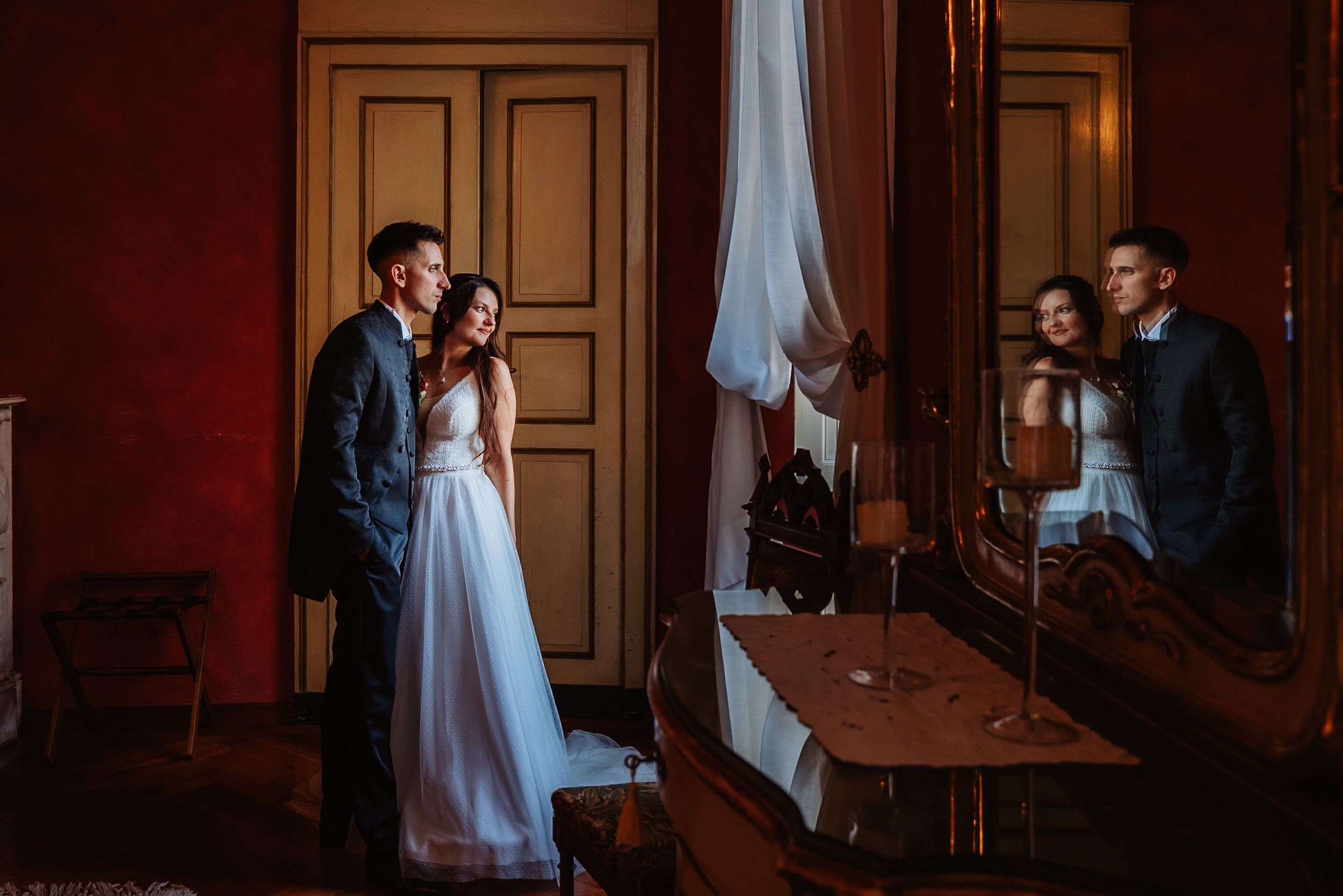 A sequence of wedding photos showing couples in an elegant room with warm lighting and wooden paneled walls.