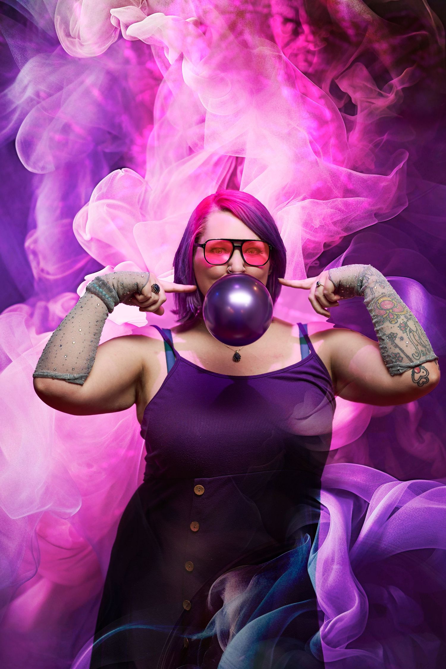 Figure in a purple tank top blowing bubble gum amid vibrant pink and purple smoke effects, wearing red sunglasses.