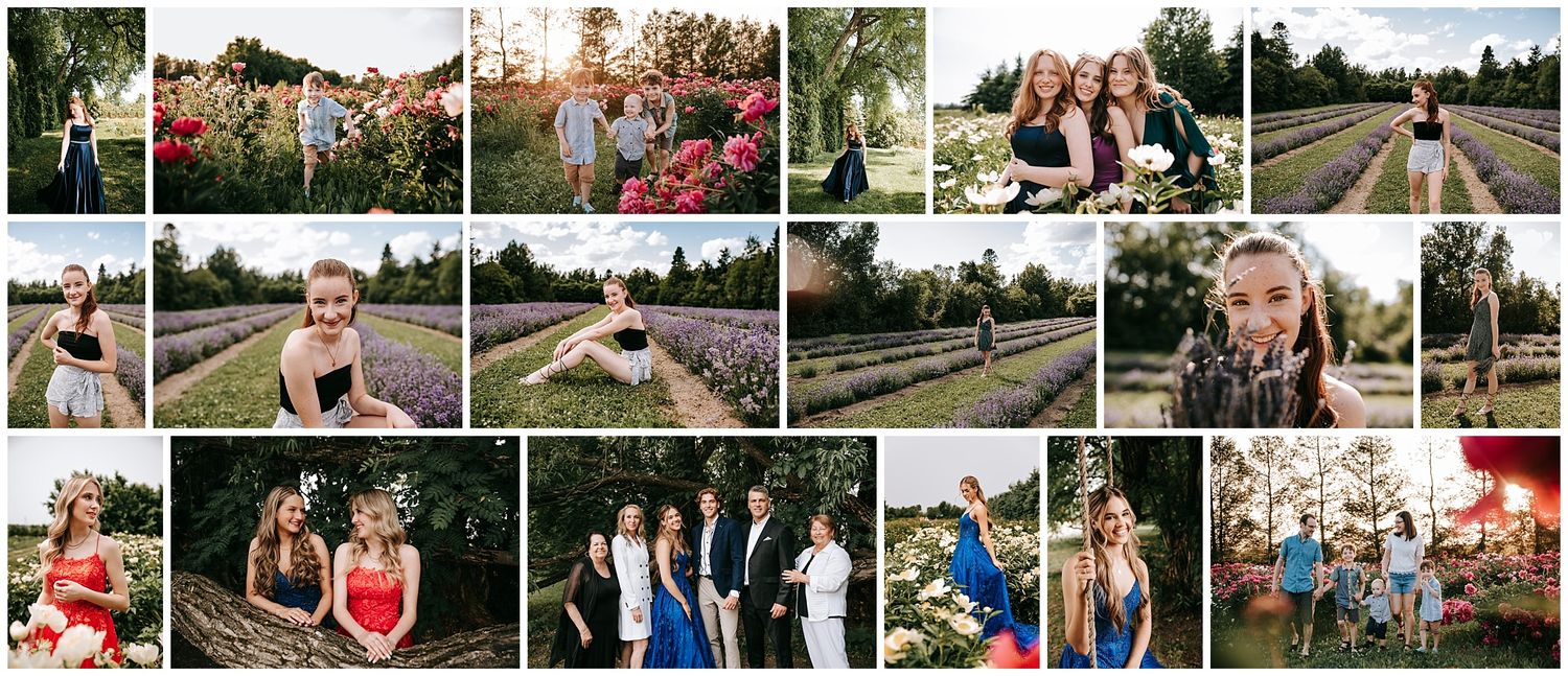 Summer photo session collage showing candid moments outdoors at sunset.