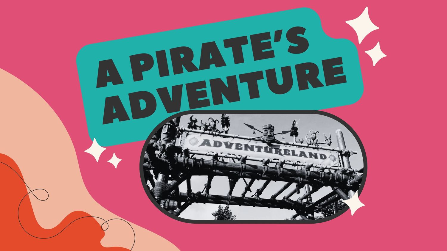A Pirate's Adventure logo featuring black and white vintage ship photograph.
