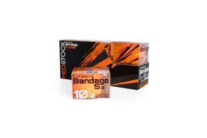 Orange and black boxes of medical bandages with product packaging shown against white background.