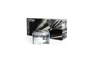 Medical bandage boxes with black and silver product packaging displayed on white background.