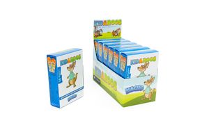 Display box showing retail packaging for kids snack or candy products with blue and white color scheme.