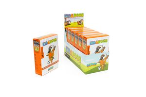 Display boxes of orange-colored educational flashcards with cartoon animal character for children's learning.