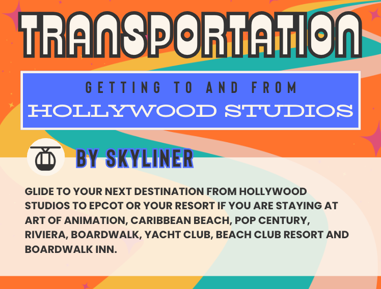 Transportation options guide banner showing travel between Hollywood Studios and various Disney World resorts.