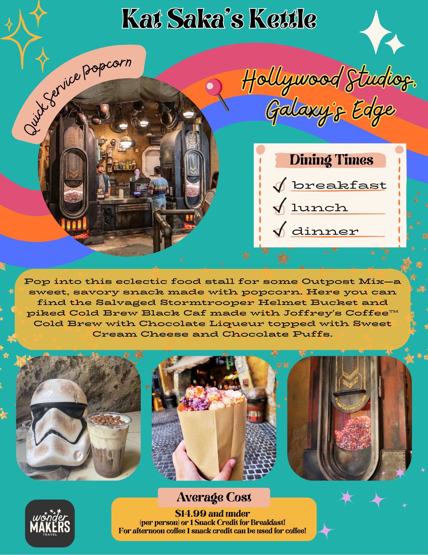 Promotional menu for Kat Saka's Kettle in Galaxy's Edge showing popcorn treats and themed drinks.