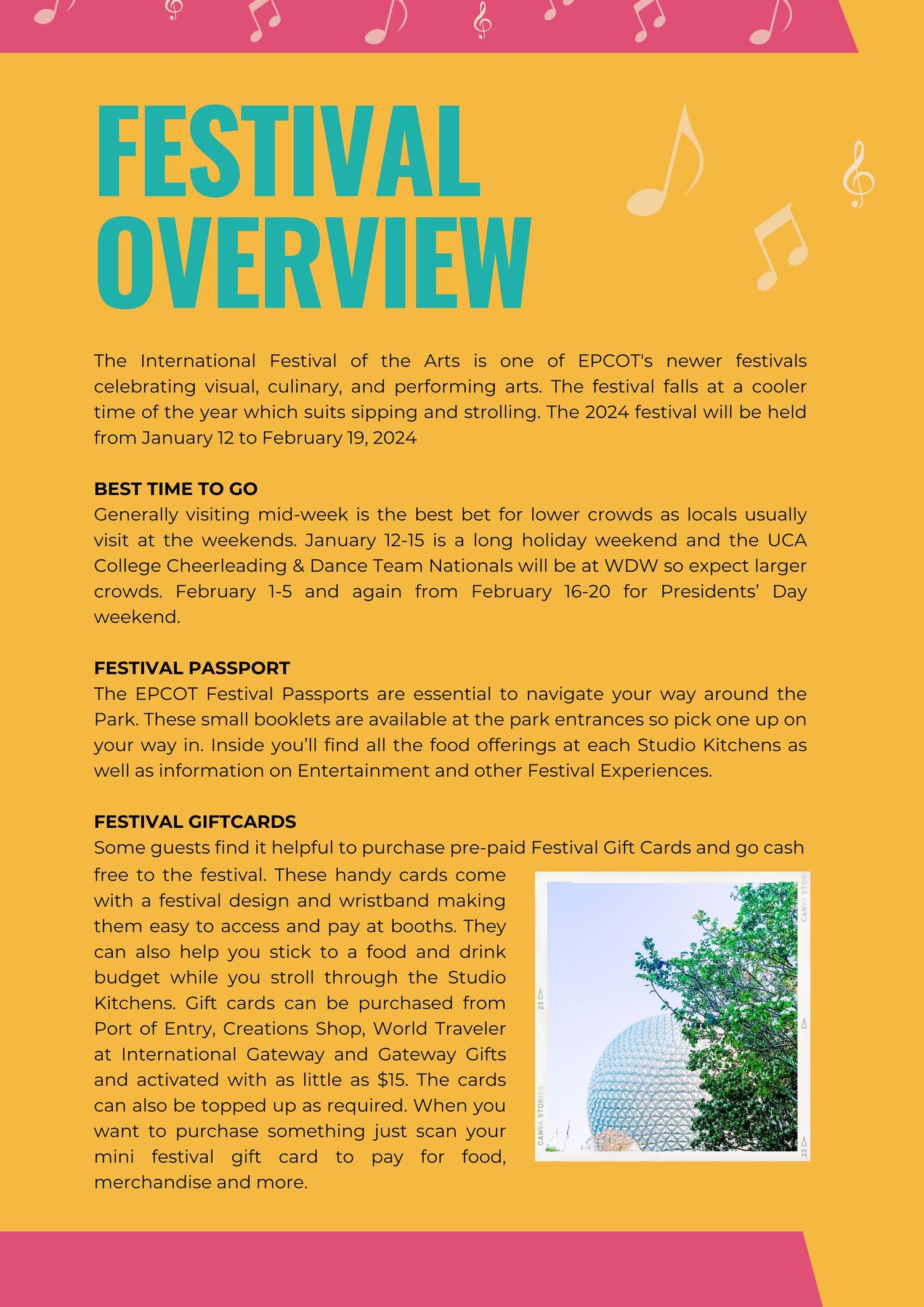Festival overview page with yellow background detailing dates and passport information.