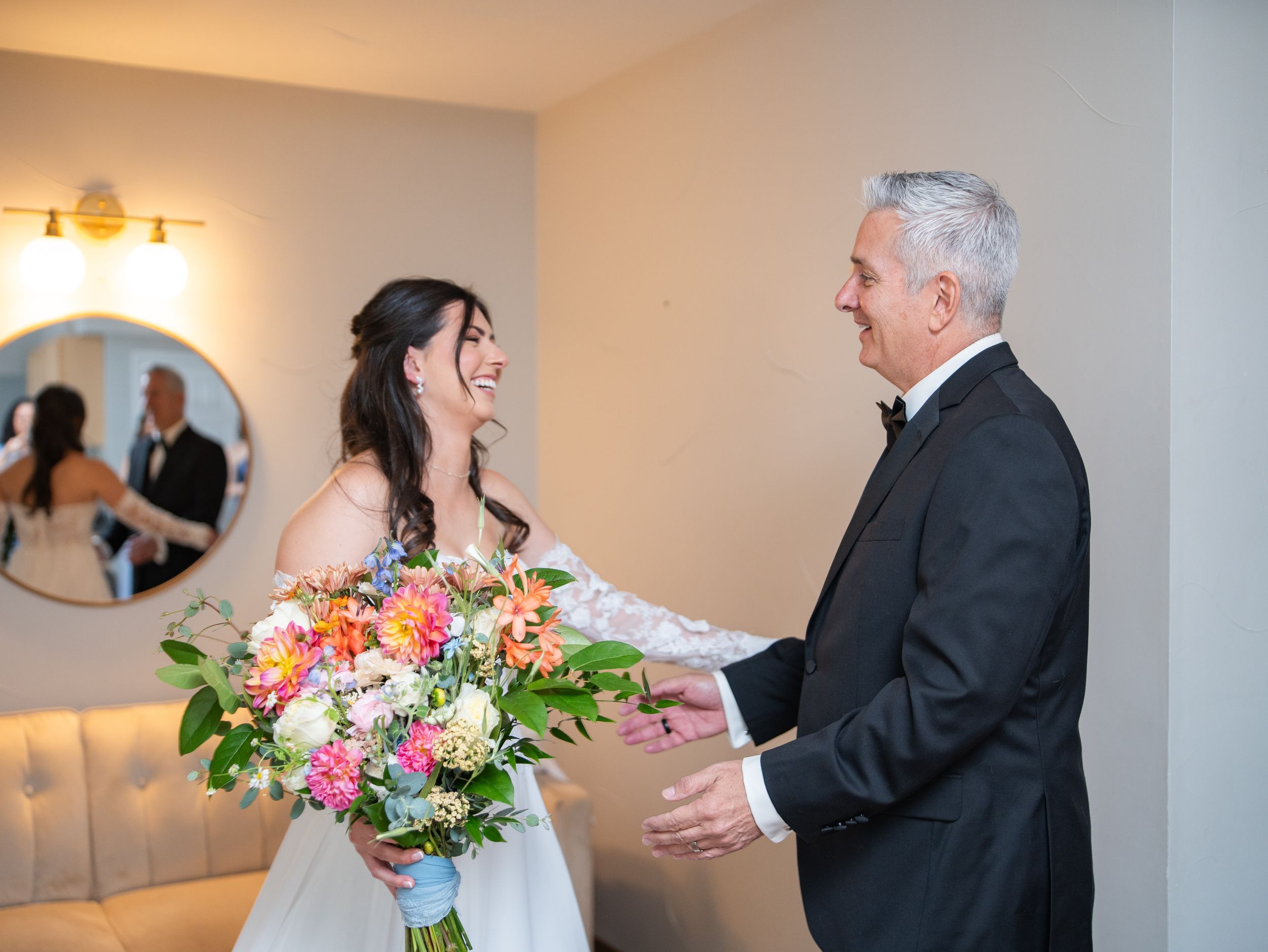 Four sequential images show joyful wedding moments with flowers and emotional interactions in a bright interior setting.