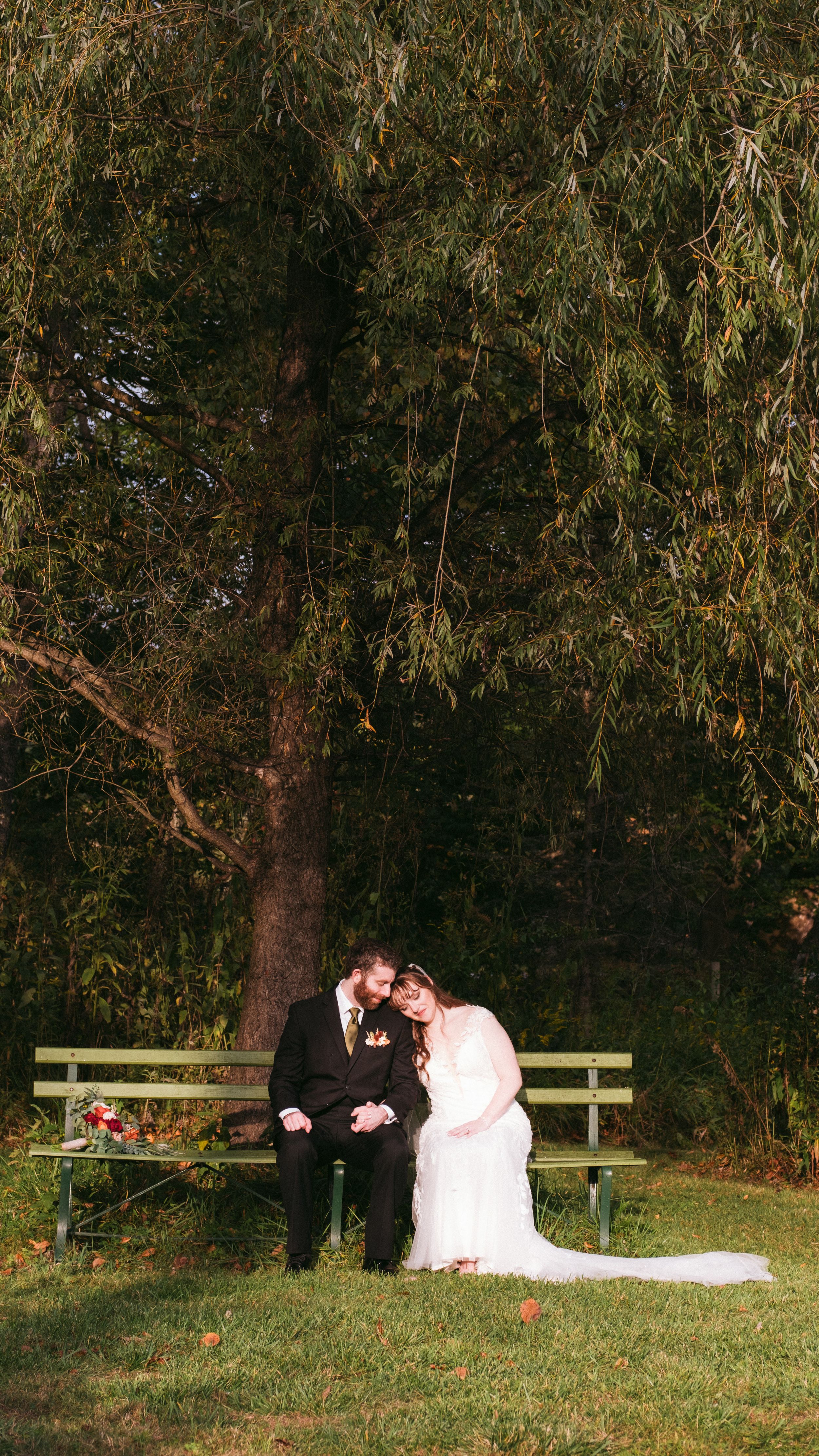 A couple sharing a romantic moment on a wooden bench under a large willow tree in an outdoor garden setting.