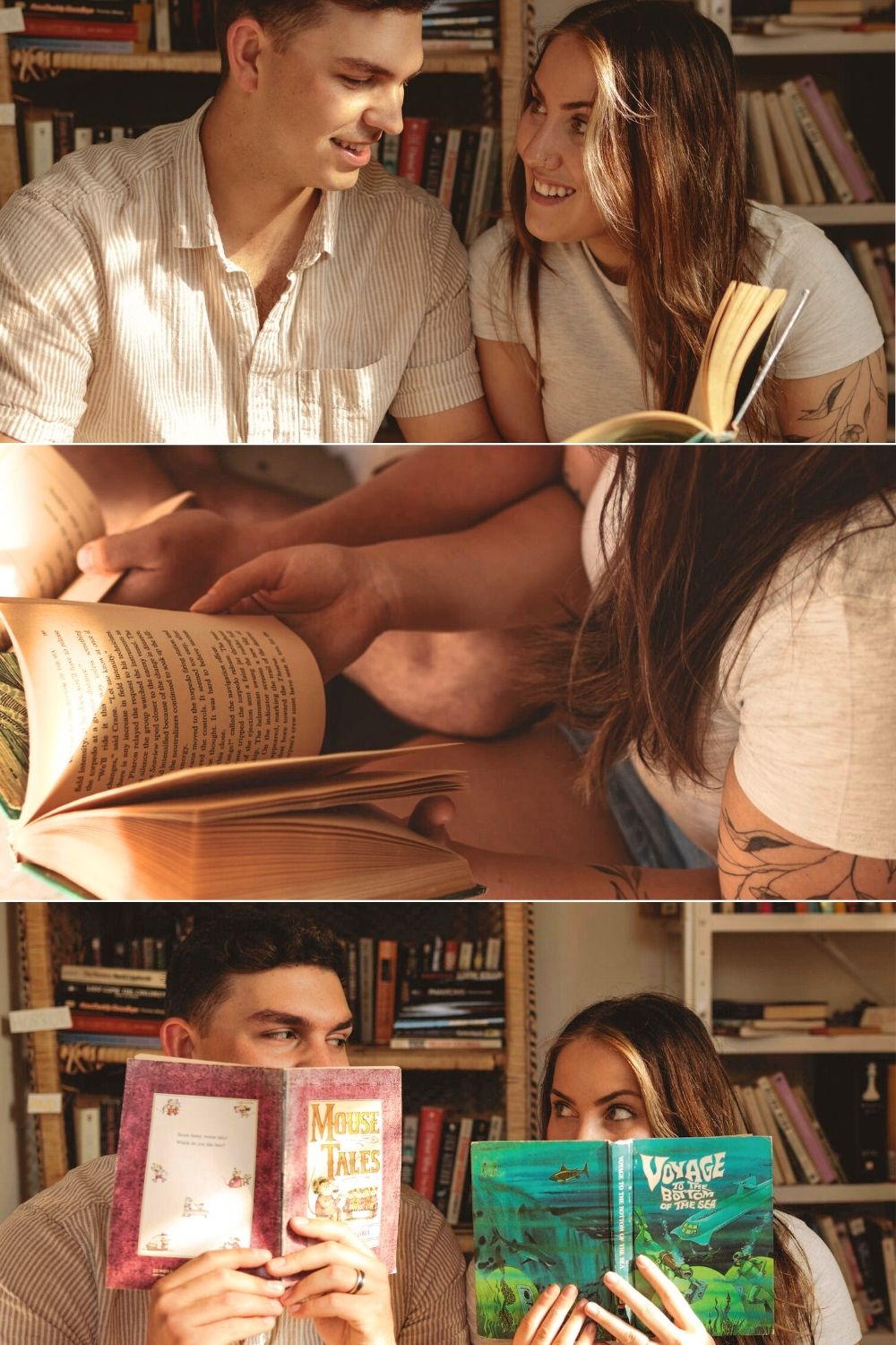 Sunrise bookstore portrait session Wolfe Island, ON. Couple surrounded by books in a tiny used book store. Wolfe Island Boat House.