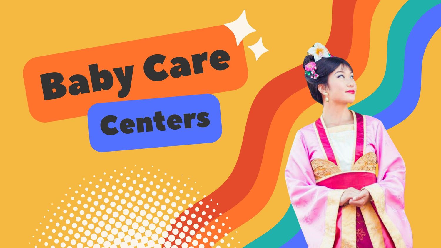 Colorful promotional image for Disney Baby Care Centers with rainbow design elements.
