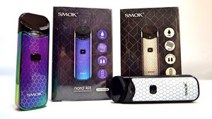 SMOK vaping products lineup featuring iridescent devices and retail packaging.