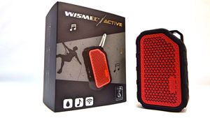 Red portable Wismi Active speakers and packaging displayed on white background.