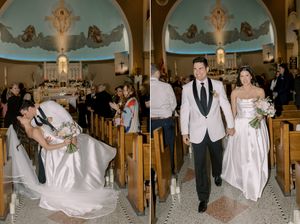 Side by side photos show wedding moments in an ornate church with painted ceiling and pews.