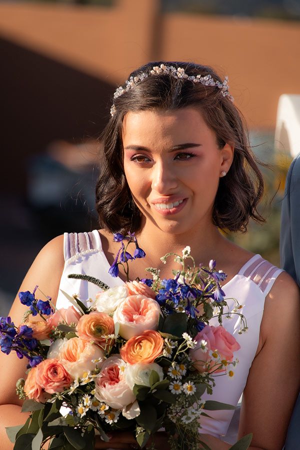 Candid photo of bride smiling with joy during wedding ceremony in Eastern Washington