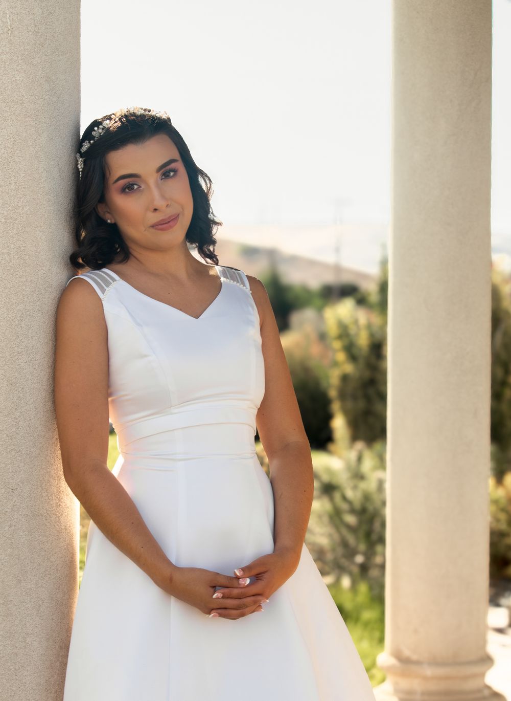 Wedding portrait of bride in white dress during elegant outdoor session in Tri-Cities WA