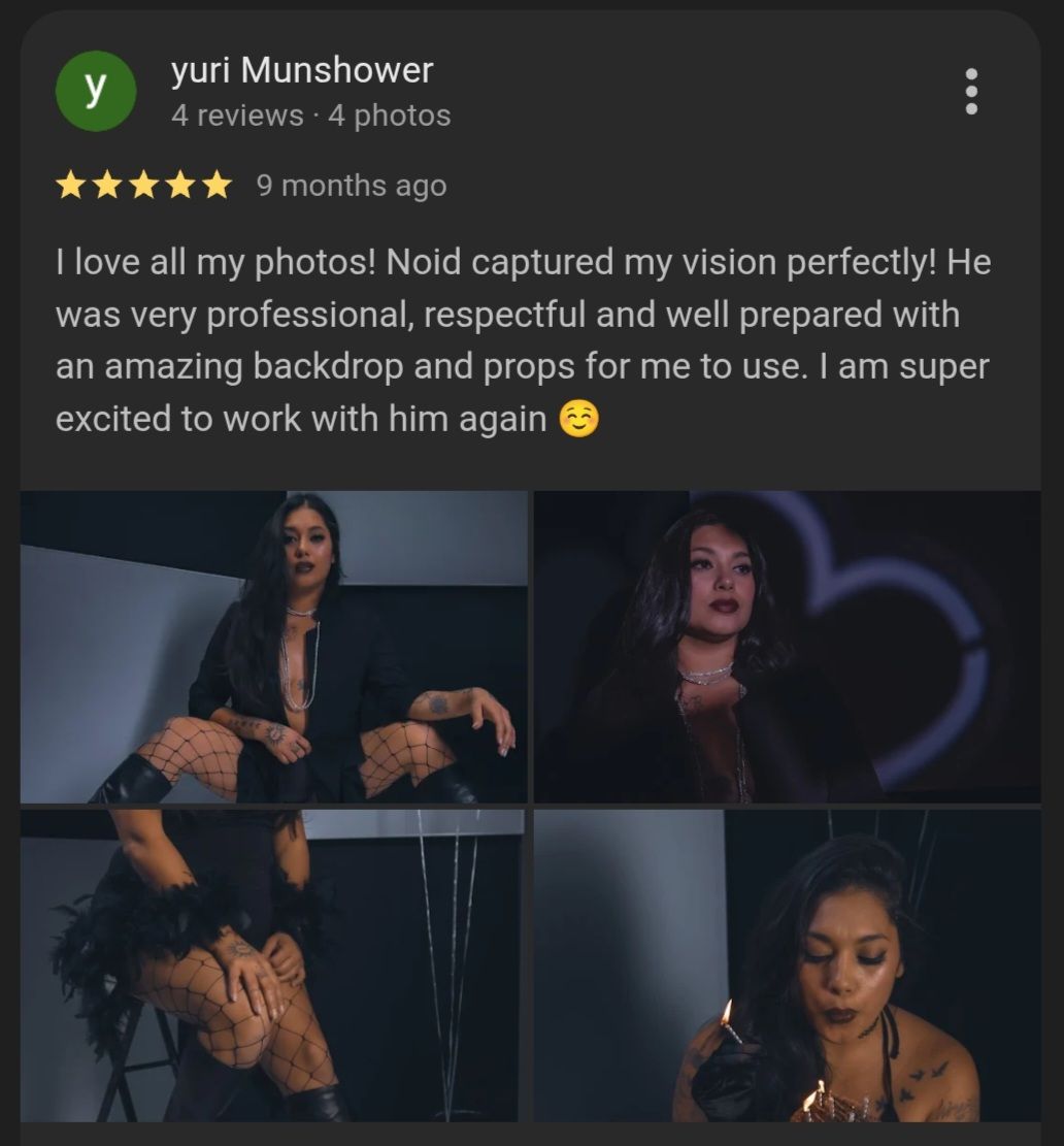 A photo collage showing a moody photoshoot with dramatic lighting and poses against a dark background.
