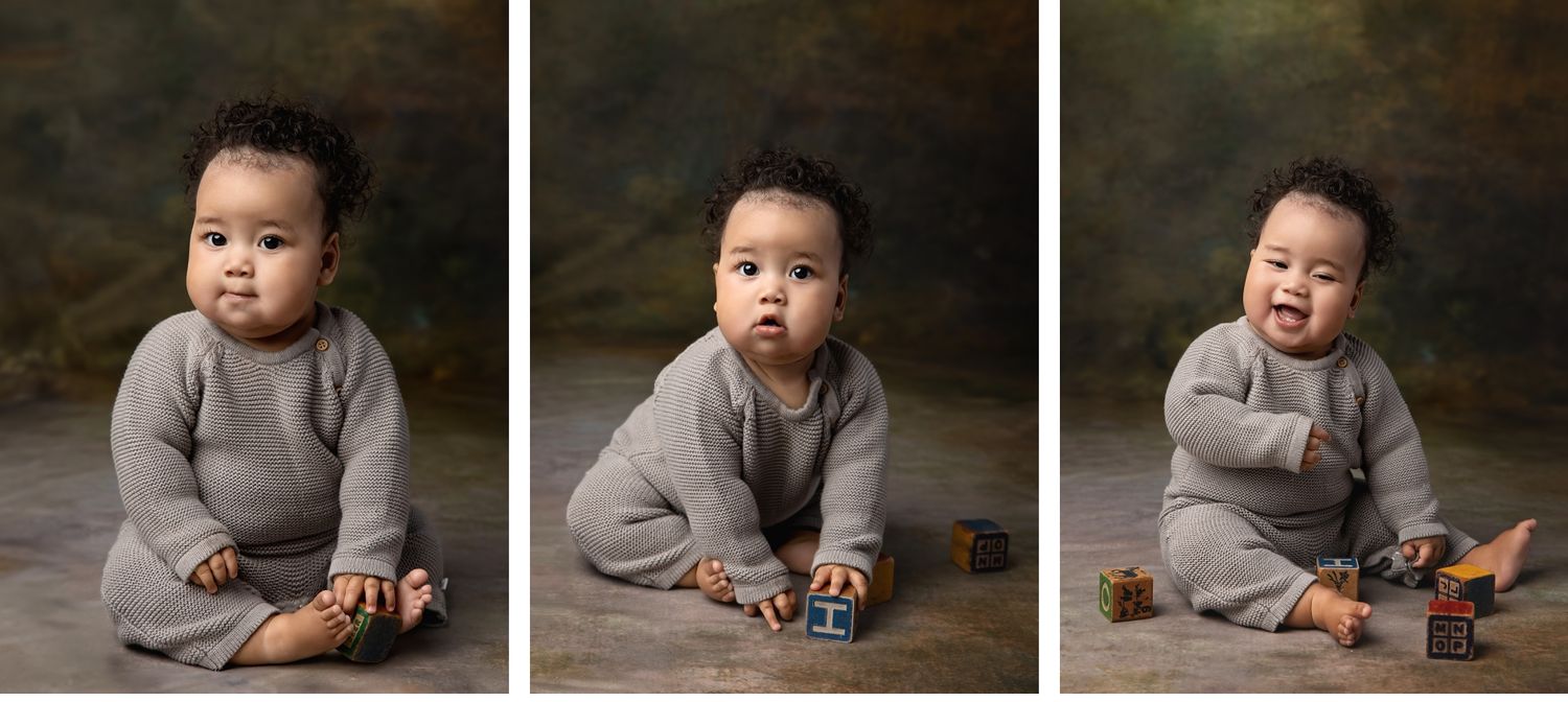 Baby milestone portrait series showing seated baby on dark studio backdrop in North Austin photography studio
