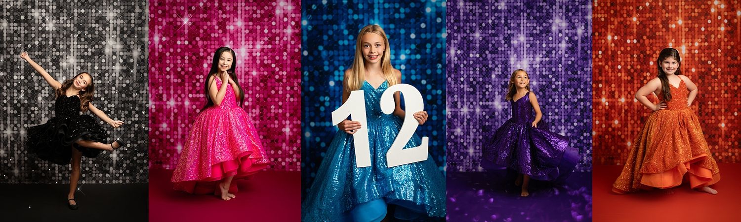 A collage of formal dresses in vibrant colors including pink, blue, and red displayed in a horizontal banner layout.