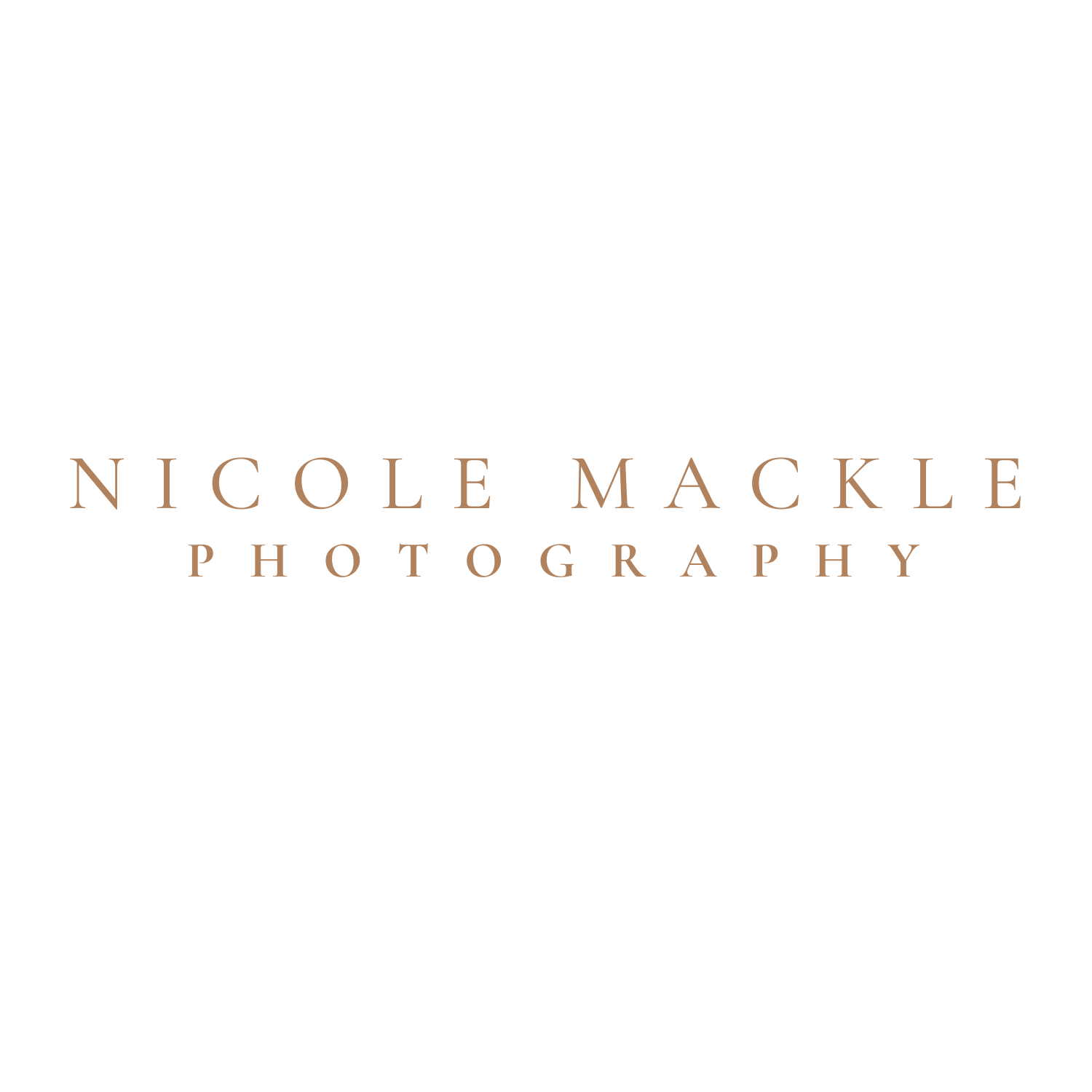 Professional photographer logo design in minimalist serif typography with elegant spacing and muted brown color.