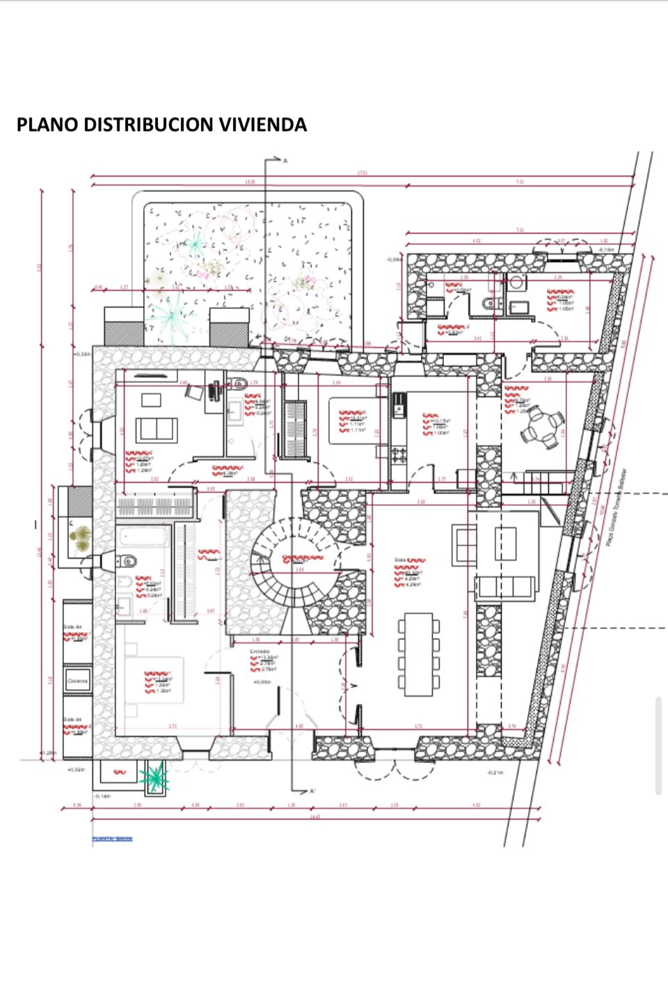 Architectural floor plan showing detailed layout of a residential building with rooms, dimensions and annotations.
