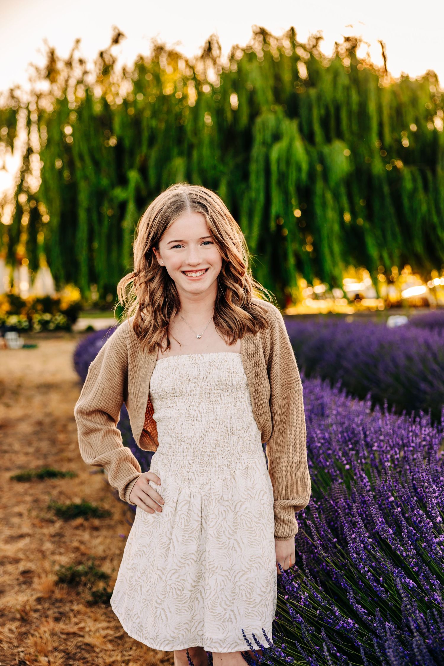 A white sundress and tan cardigan outfit photographed in front of vibrant purple lavender fields at golden hour.