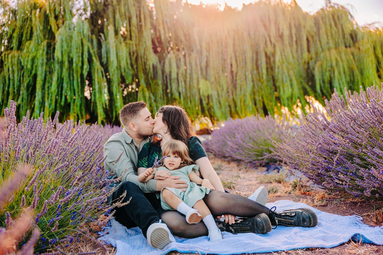 Family enjoying a picnic on blanket in lavender field at sunset with golden light filtering through trees.