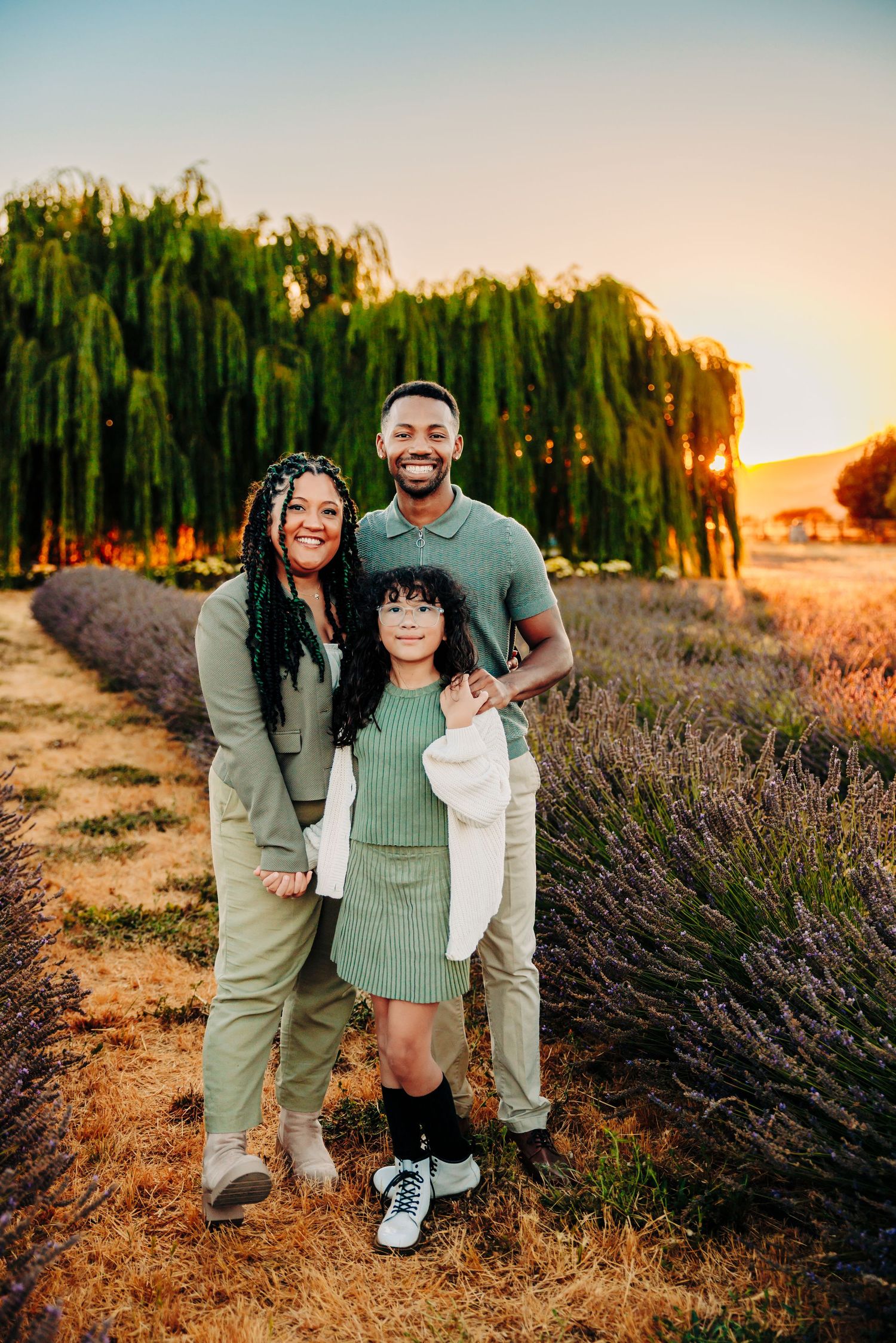 Outdoor family photoshoot in blooming lavender field during sunset with willow trees and golden light.