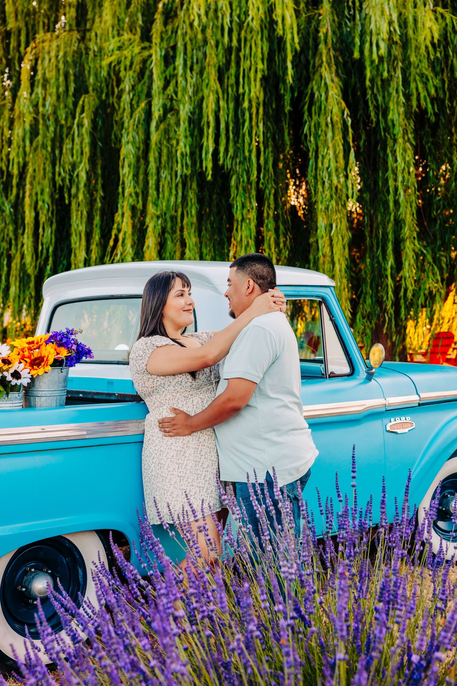 Romantic couple poses by a classic turquoise truck surrounded by lavender flowers and weeping willow trees.