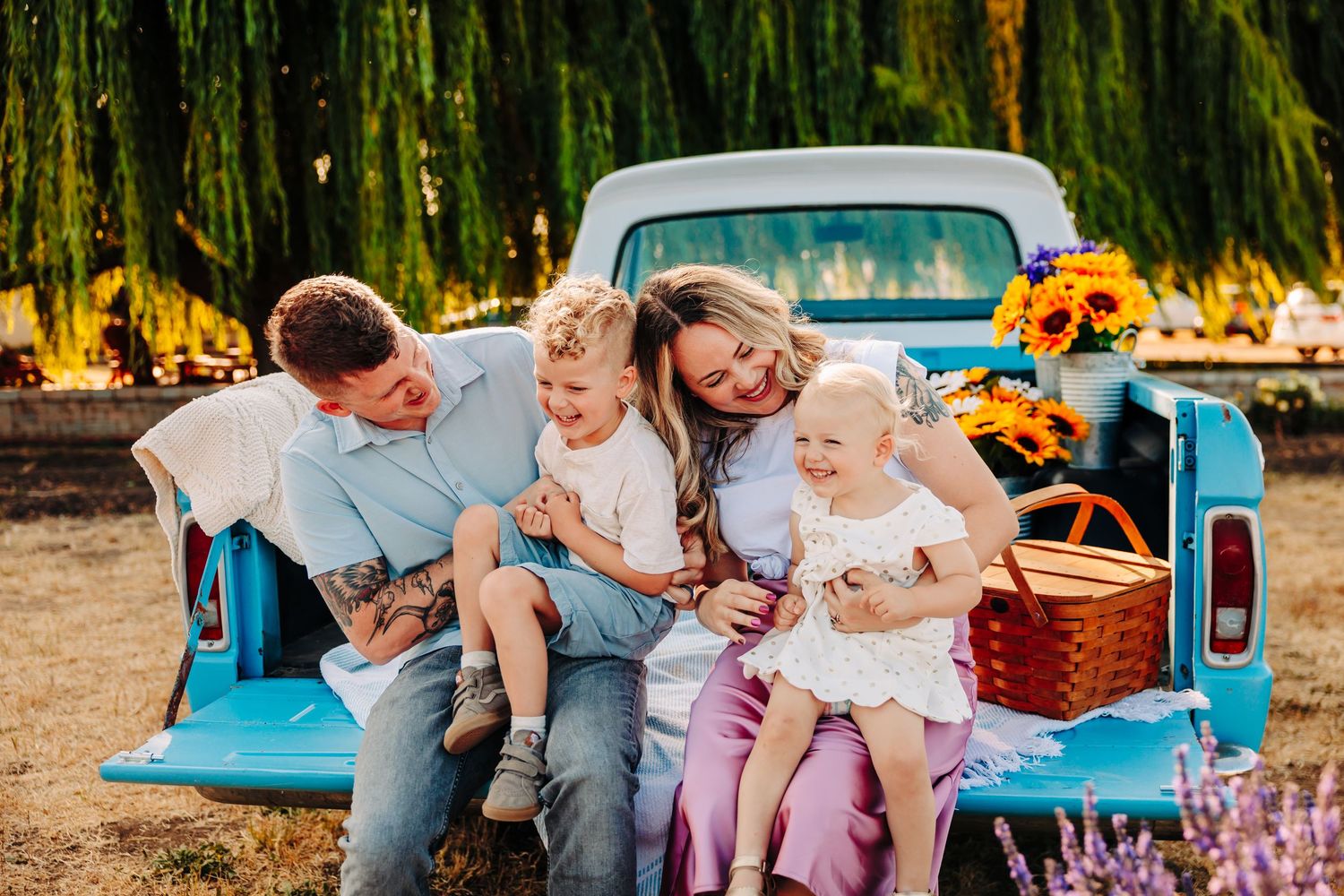 Family enjoying a picnic together on a vintage blue truck bed surrounded by lavender fields at sunset.