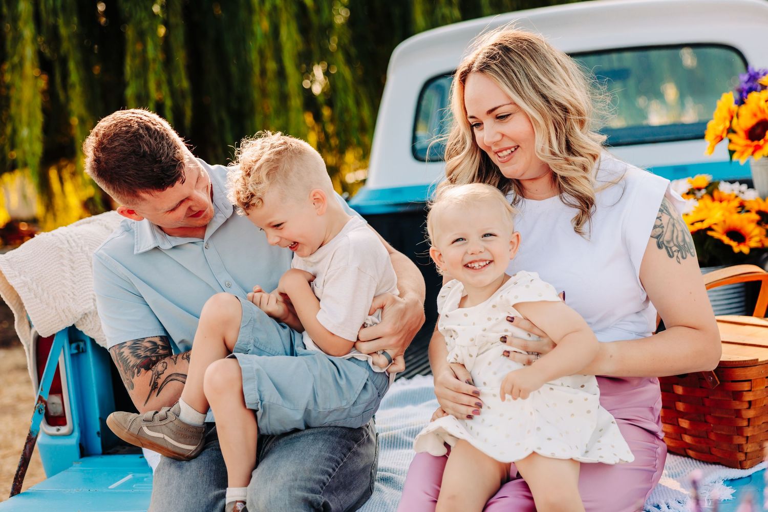 A series of candid outdoor family photos showing tender moments between parents and children in natural lighting.