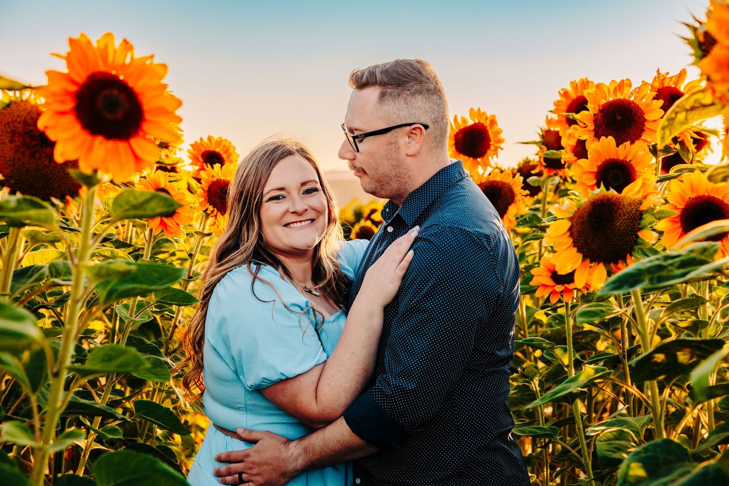 A couple embraces in a vibrant sunflower field during golden hour with bright blue sky in the background.
